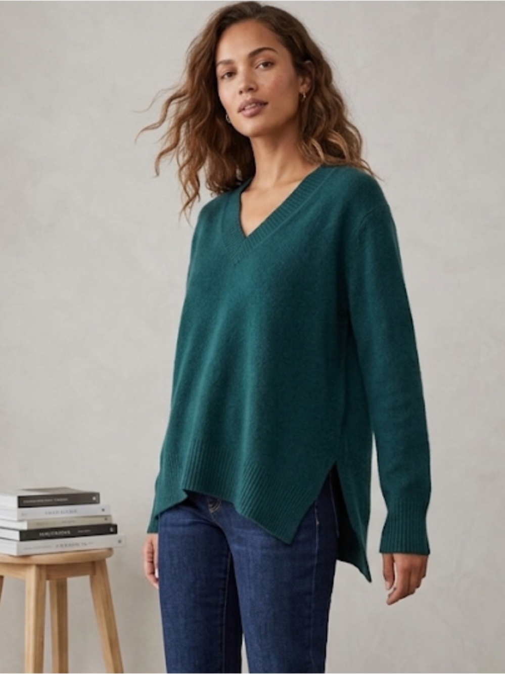 Nakedcashmere V-Neck Cashmere Boxy Sweater Teal Blue Size L